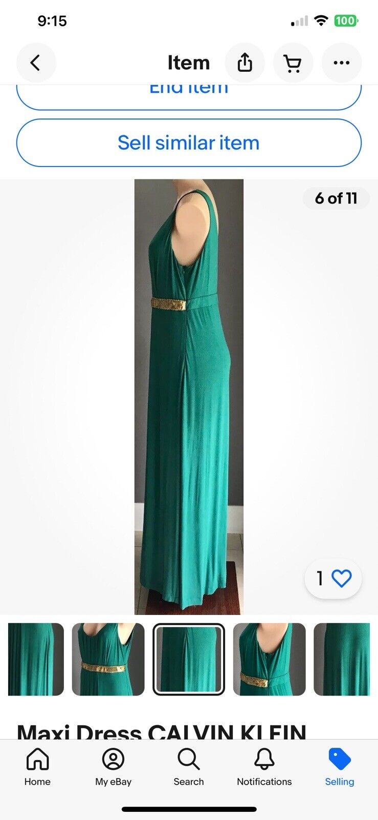 CALVIN KLEIN Maxi Dress Jade Green Sleeveless w Embellished Waist Size M 12 14