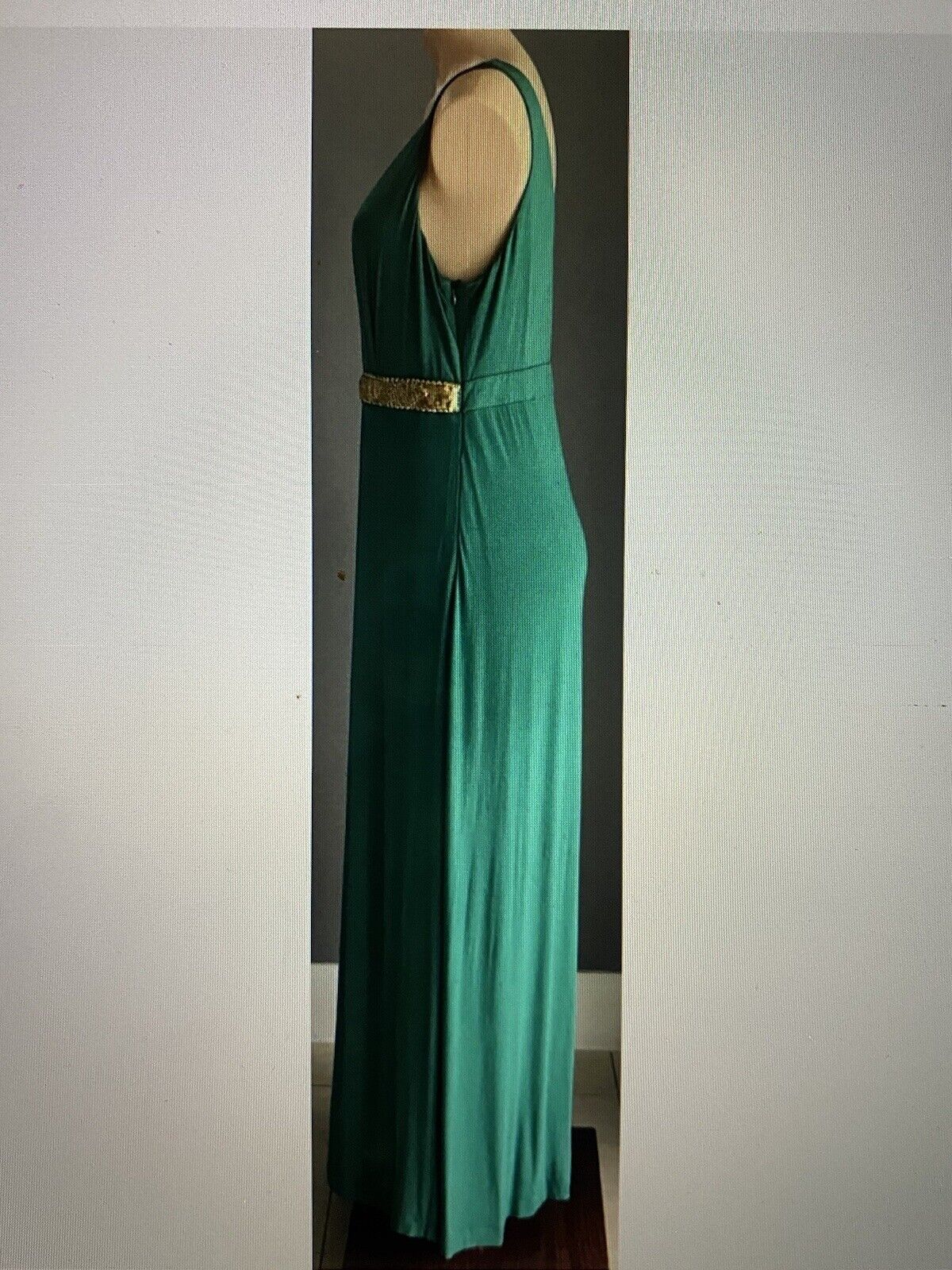 CALVIN KLEIN Maxi Dress Jade Green Sleeveless w Embellished Waist Size M 12 14