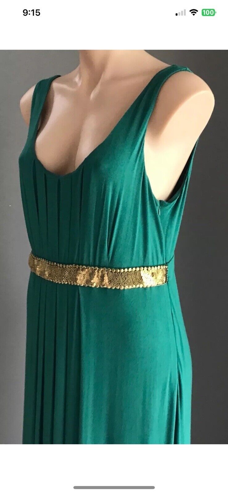 CALVIN KLEIN Maxi Dress Jade Green Sleeveless w Embellished Waist Size M 12 14
