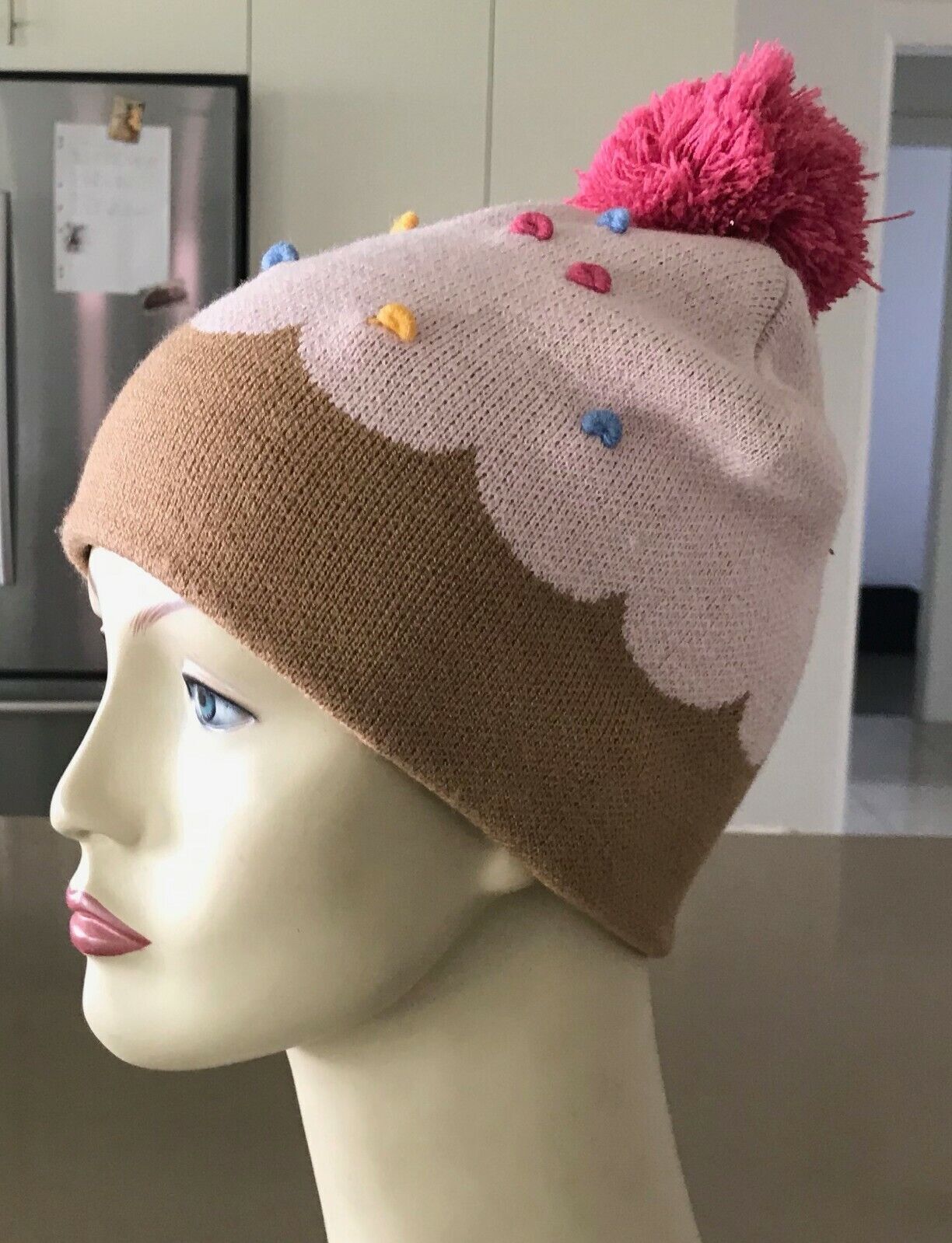 FACTORIE Knit Beanie Brown & Pink Pom Pom Trim Ladies One Size Cap Hat