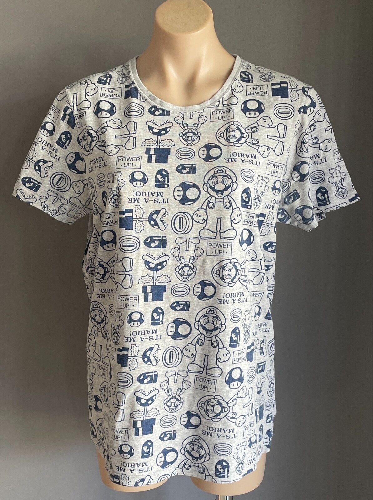 SUPER MARIO Grey Marl T-Shirt Blue All Over Print Short Sleeves Size L