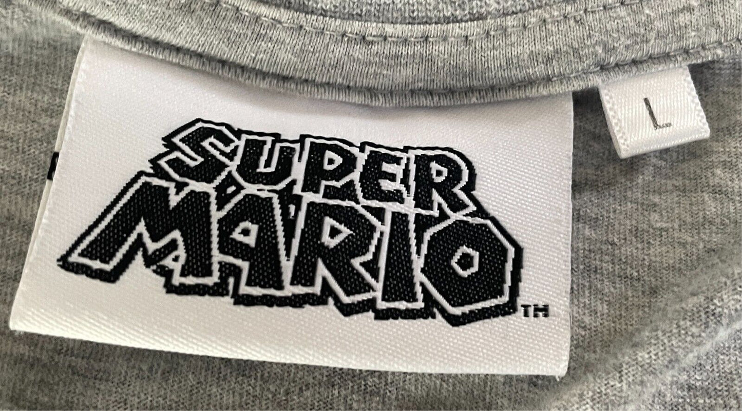 SUPER MARIO Grey Marl T-Shirt Blue All Over Print Short Sleeves Size L