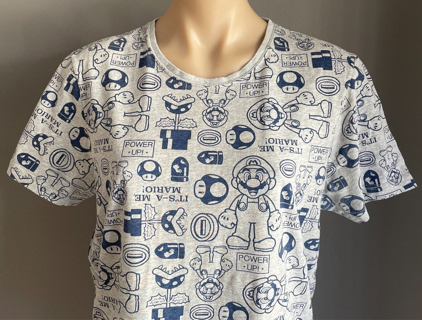 SUPER MARIO Grey Marl T-Shirt Blue All Over Print Short Sleeves Size L
