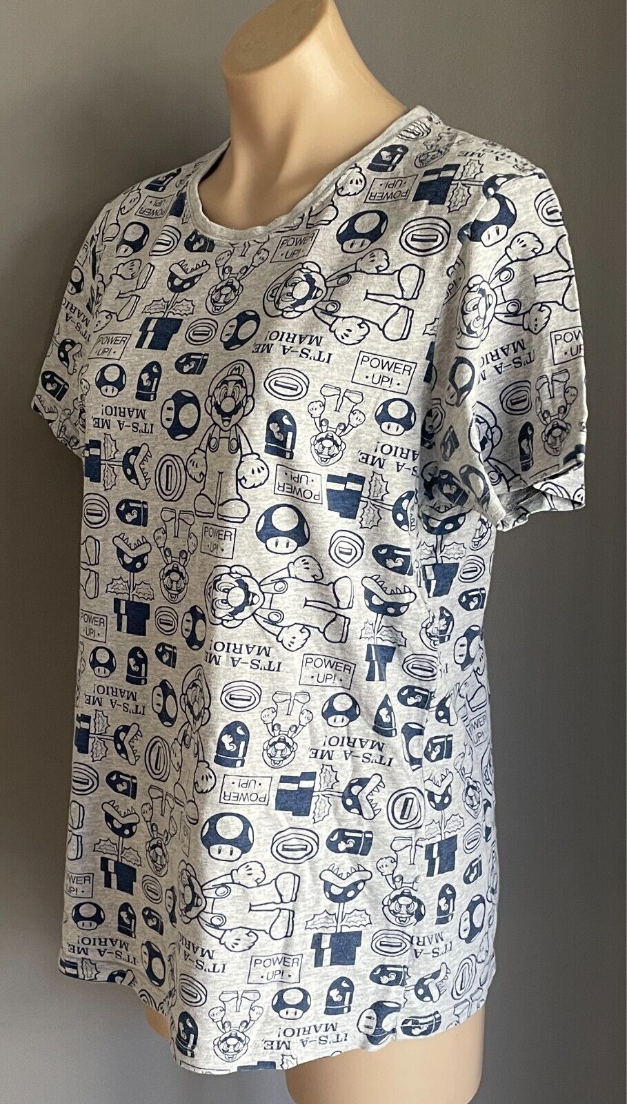 SUPER MARIO Grey Marl T-Shirt Blue All Over Print Short Sleeves Size L