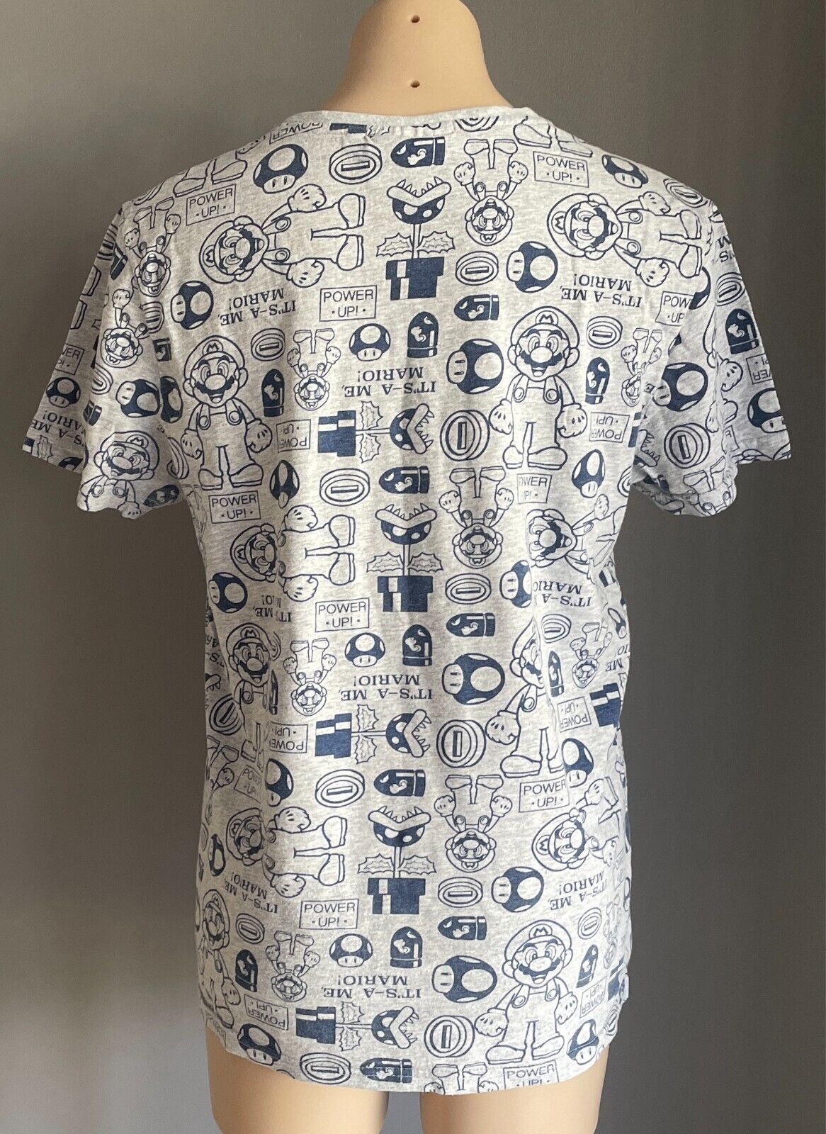 SUPER MARIO Grey Marl T-Shirt Blue All Over Print Short Sleeves Size L