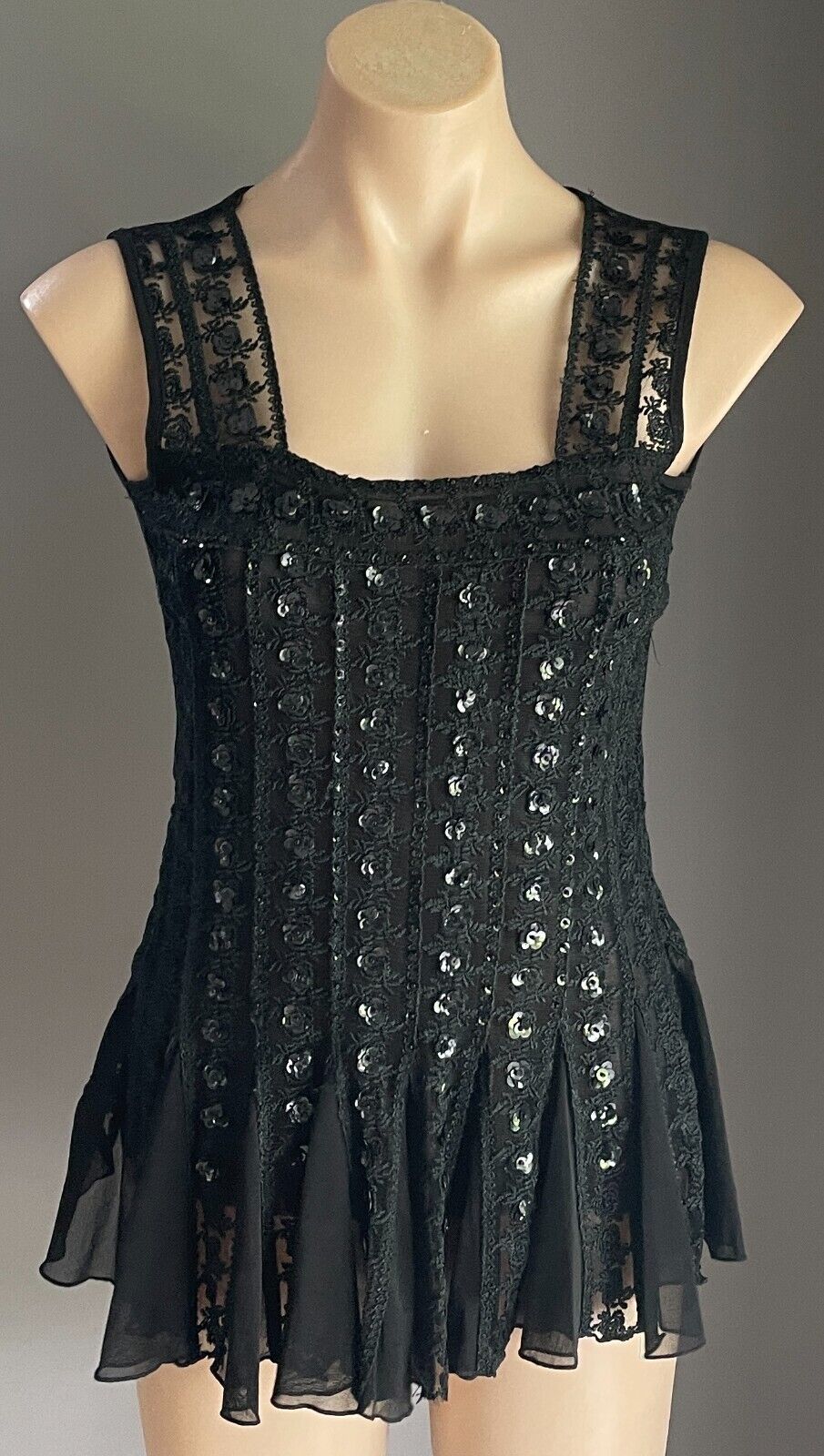 CKM Black Top Embroidered Mesh Net Sleeveless Sequins Trim Flounce Hem Size S 10