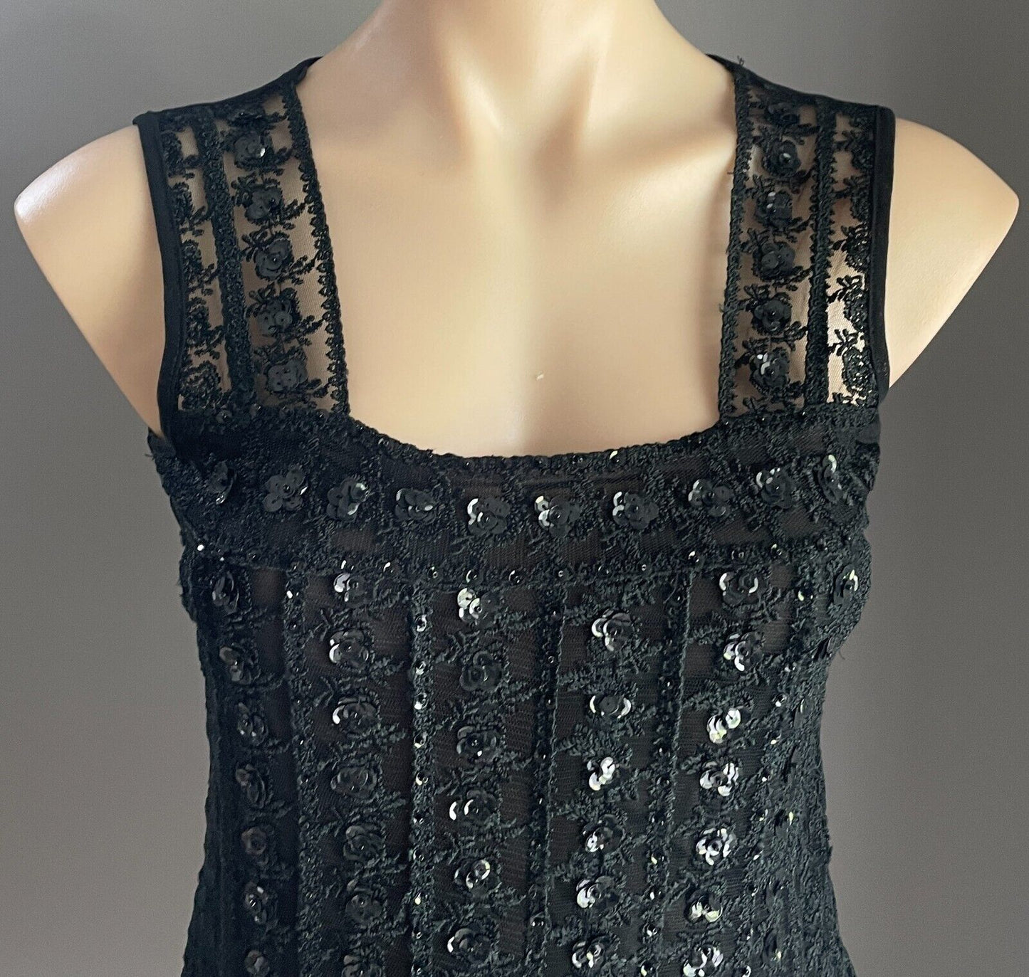 CKM Black Top Embroidered Mesh Net Sleeveless Sequins Trim Flounce Hem Size S 10