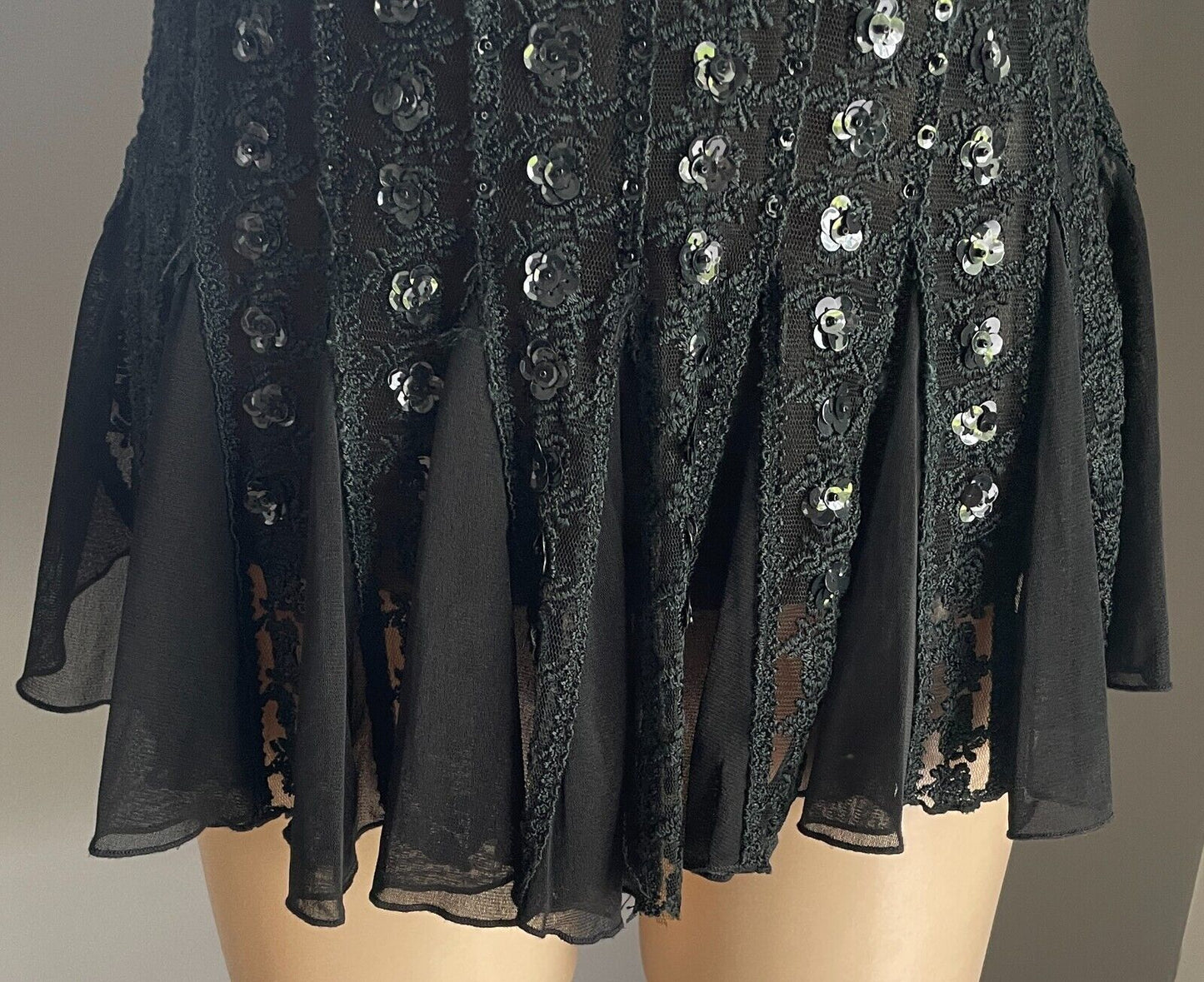 CKM Black Top Embroidered Mesh Net Sleeveless Sequins Trim Flounce Hem Size S 10