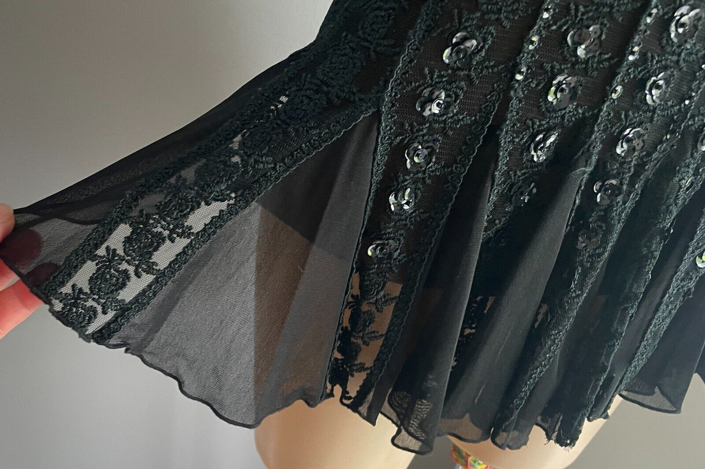 CKM Black Top Embroidered Mesh Net Sleeveless Sequins Trim Flounce Hem Size S 10