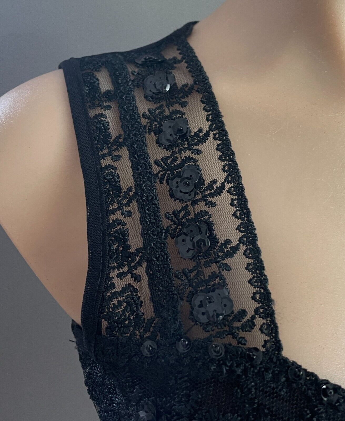 CKM Black Top Embroidered Mesh Net Sleeveless Sequins Trim Flounce Hem Size S 10