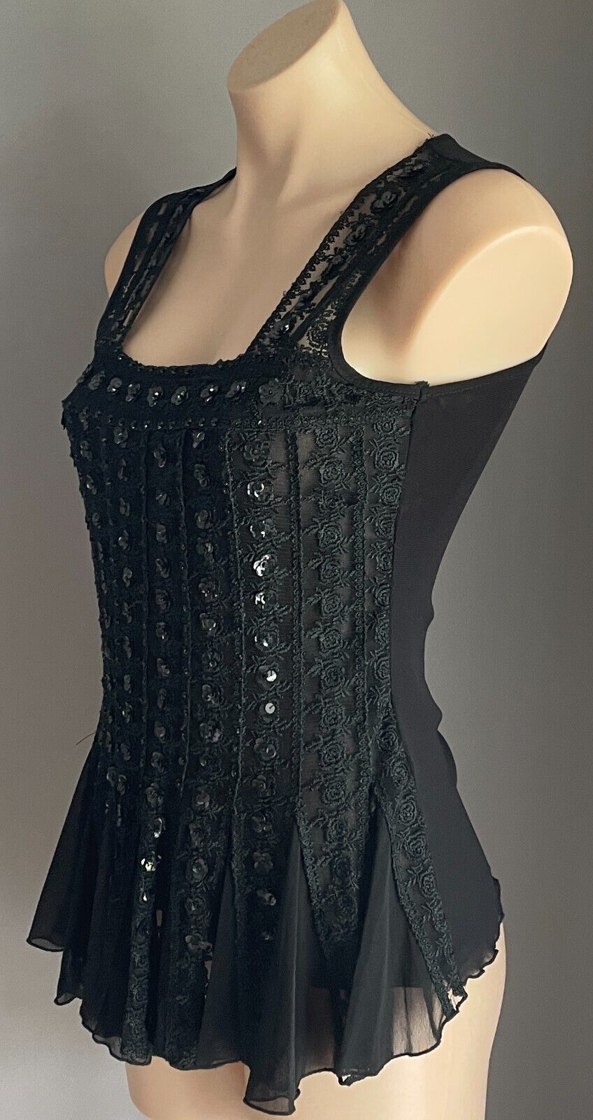 CKM Black Top Embroidered Mesh Net Sleeveless Sequins Trim Flounce Hem Size S 10