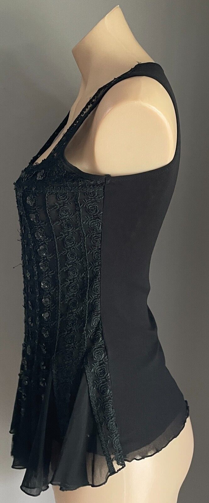 CKM Black Top Embroidered Mesh Net Sleeveless Sequins Trim Flounce Hem Size S 10