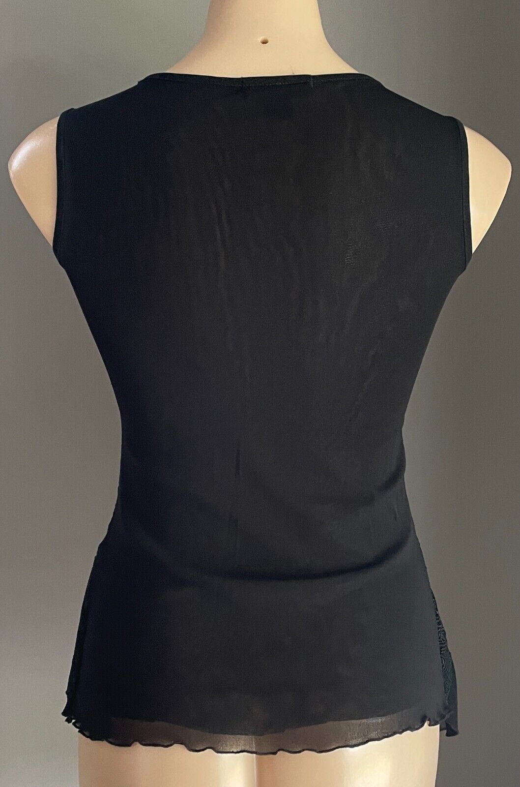 CKM Black Top Embroidered Mesh Net Sleeveless Sequins Trim Flounce Hem Size S 10