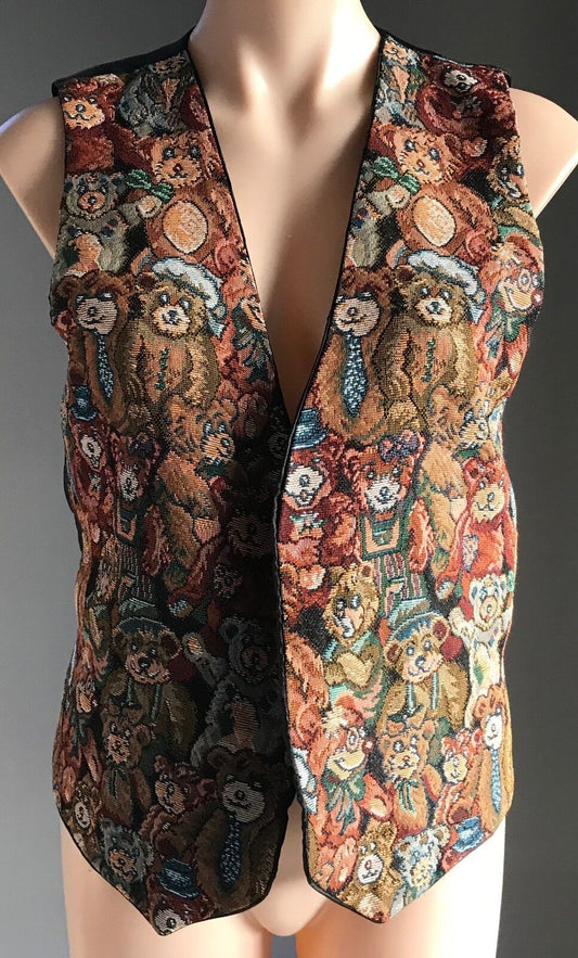Vtg 80s Vest Waistcoat Tapestry Teddy Bear Pattern Tie Back  Ladies Size 12