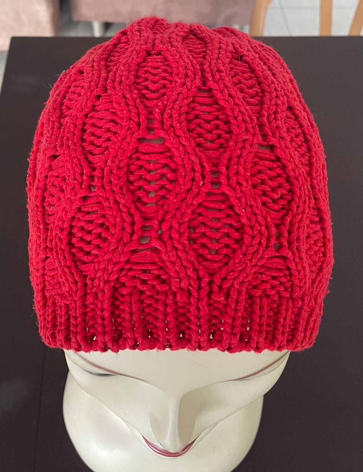 SPORTSGIRL Beanie Red Chunky Decorative Stitch One Size Stretch Hat Cap