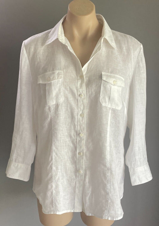 SPORTSCRAFT Shirt Button Up White Linen 3/4 Sleeve Ladies Size 14 Chest Pockets
