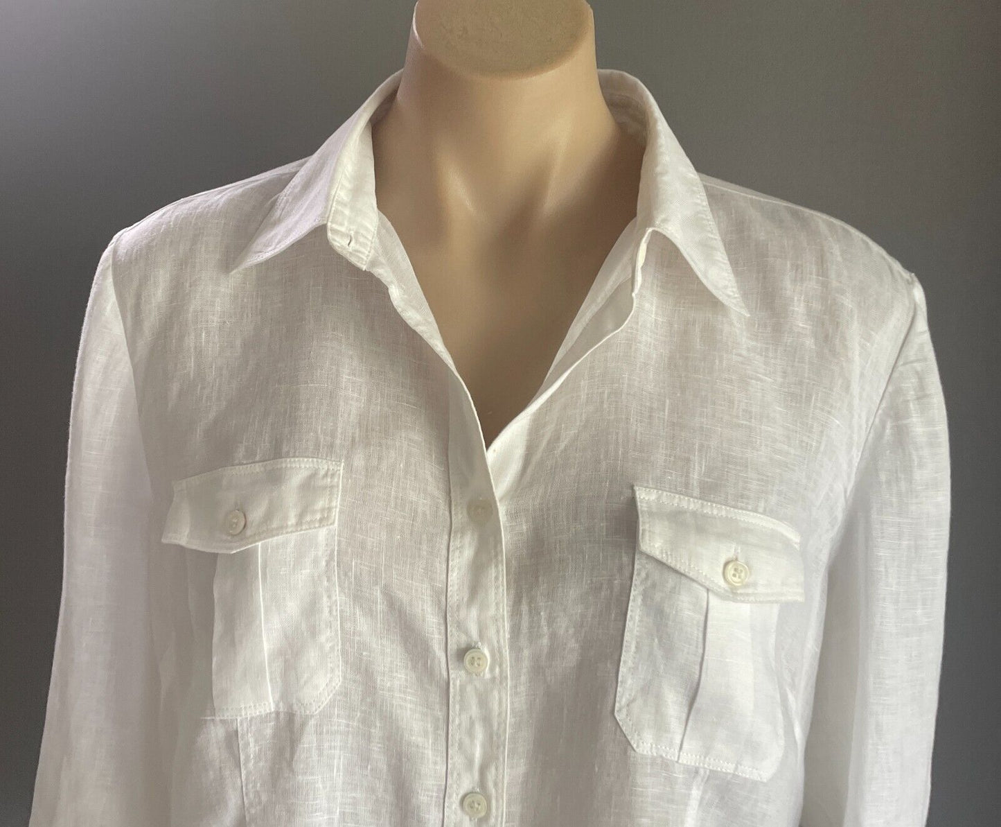 SPORTSCRAFT Shirt Button Up White Linen 3/4 Sleeve Ladies Size 14 Chest Pockets
