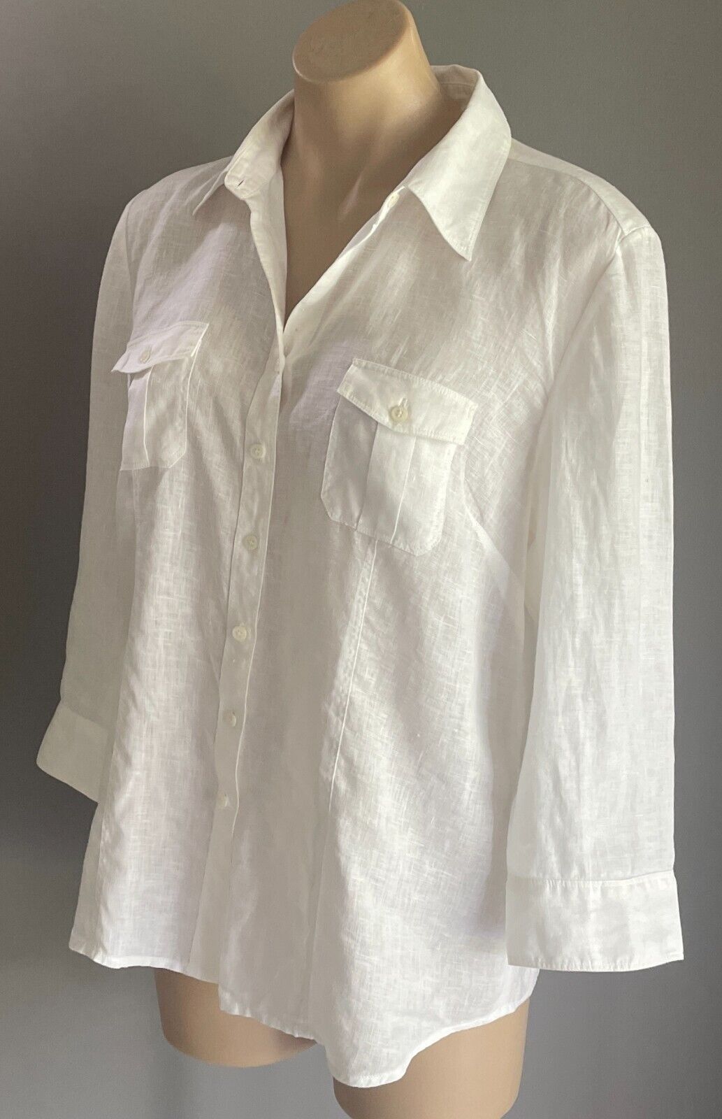 SPORTSCRAFT Shirt Button Up White Linen 3/4 Sleeve Ladies Size 14 Chest Pockets