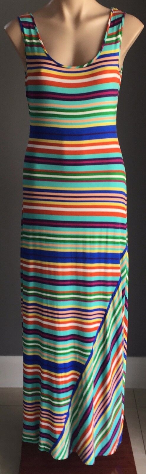 CALVIN KLEIN Maxi Dress Stripe Sleeveless Casual Multi Colour Size 8 10 Retro