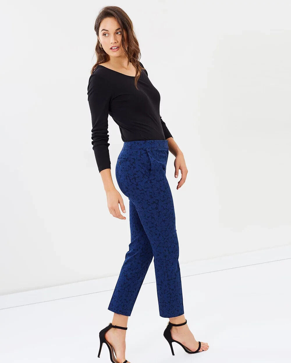 SPORTSCRAFT "Dallas" Print Pants Navy & Blue Leaf Print Size 14 Tailored Fit