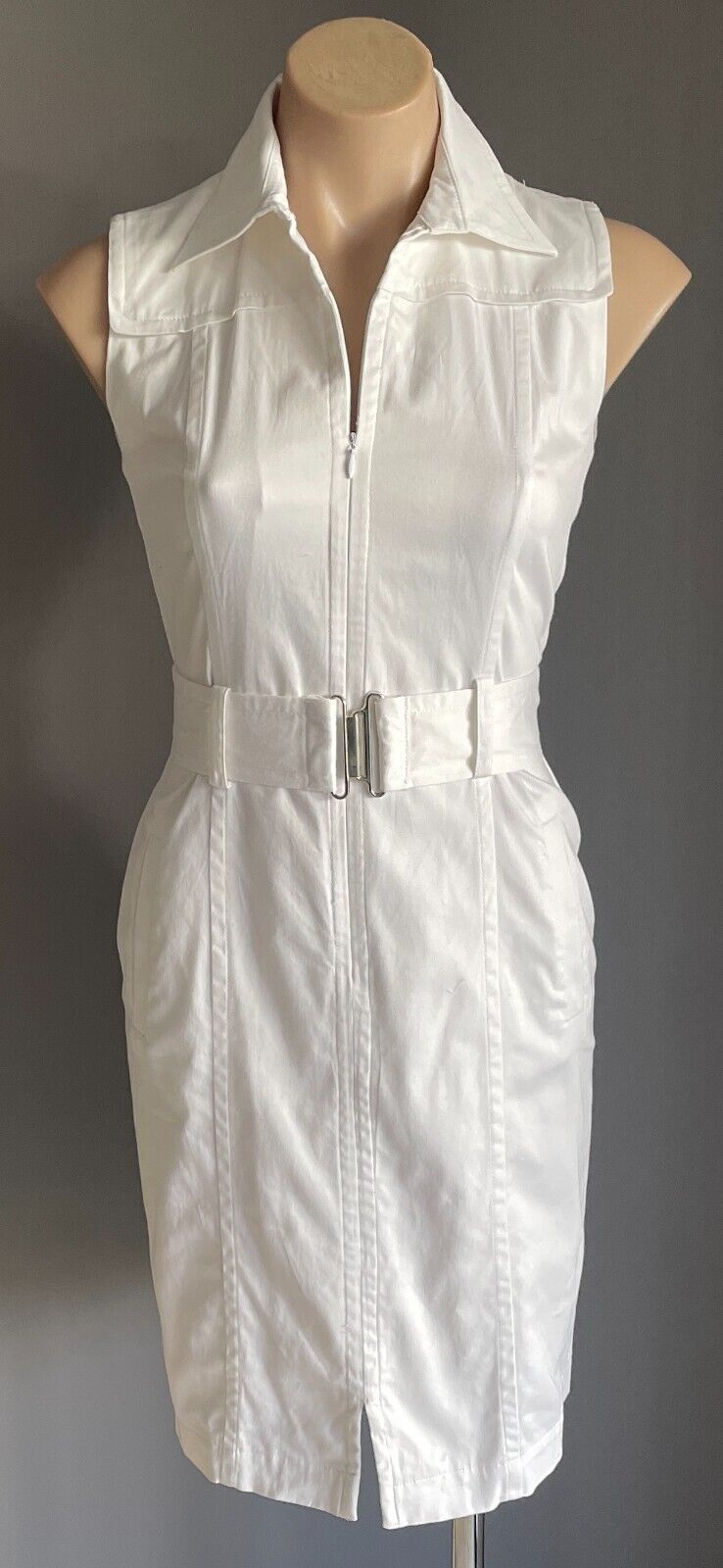 CALVIN KLEIN Shirt Dress White Sleeveless Fitted Stretch Waist Belt Size 10