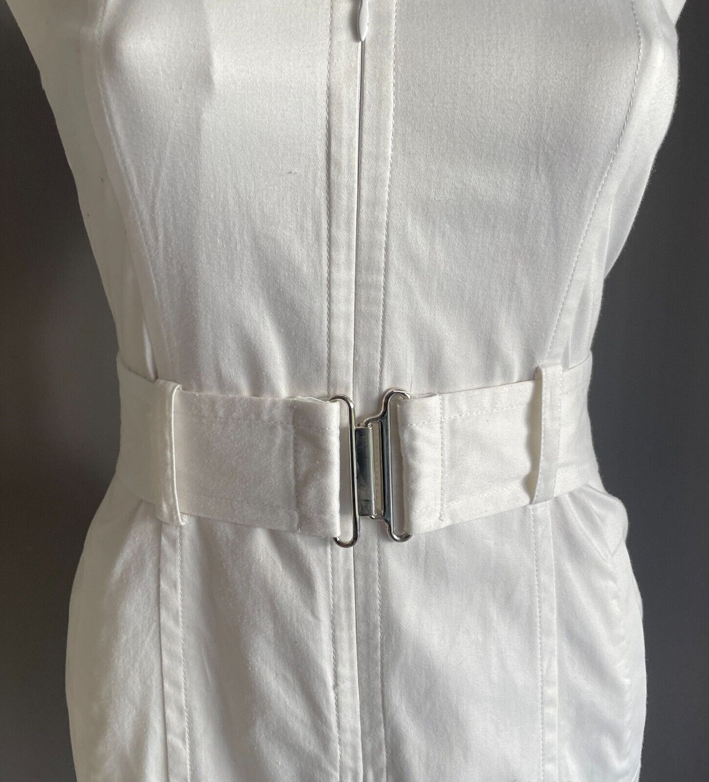 CALVIN KLEIN Shirt Dress White Sleeveless Fitted Stretch Waist Belt Size 10