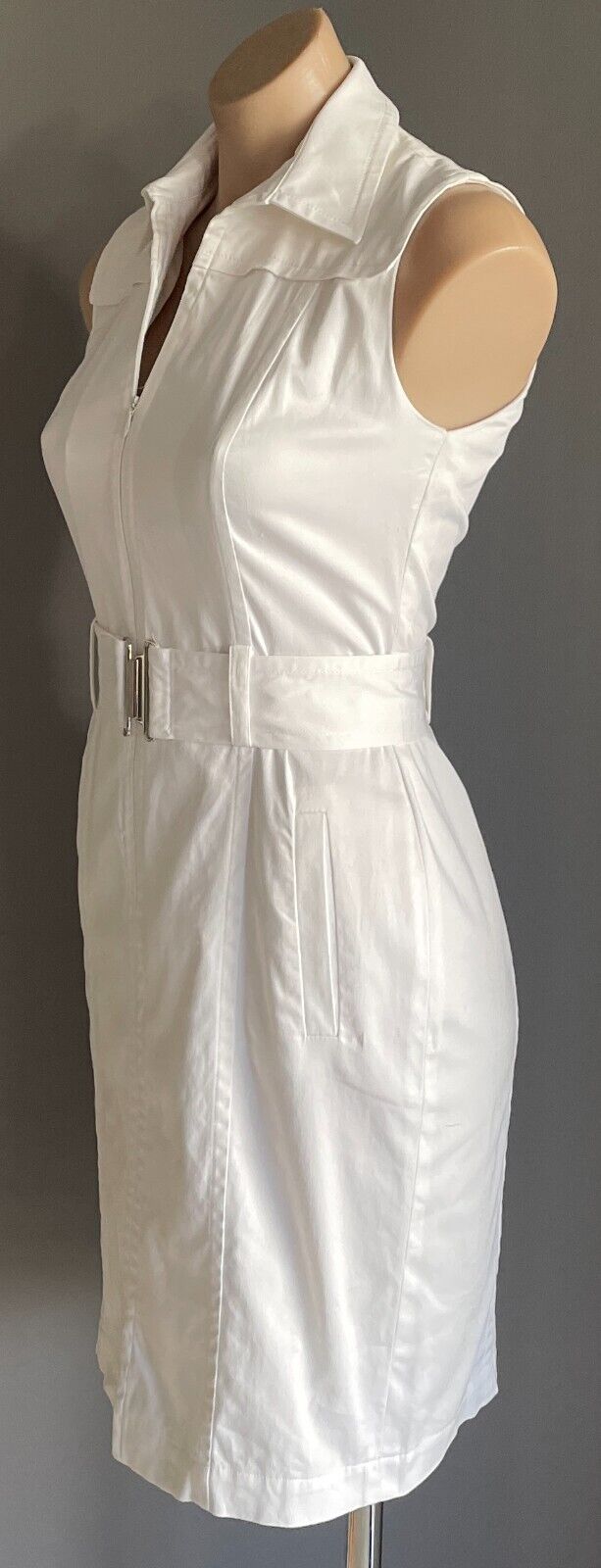 CALVIN KLEIN Shirt Dress White Sleeveless Fitted Stretch Waist Belt Size 10