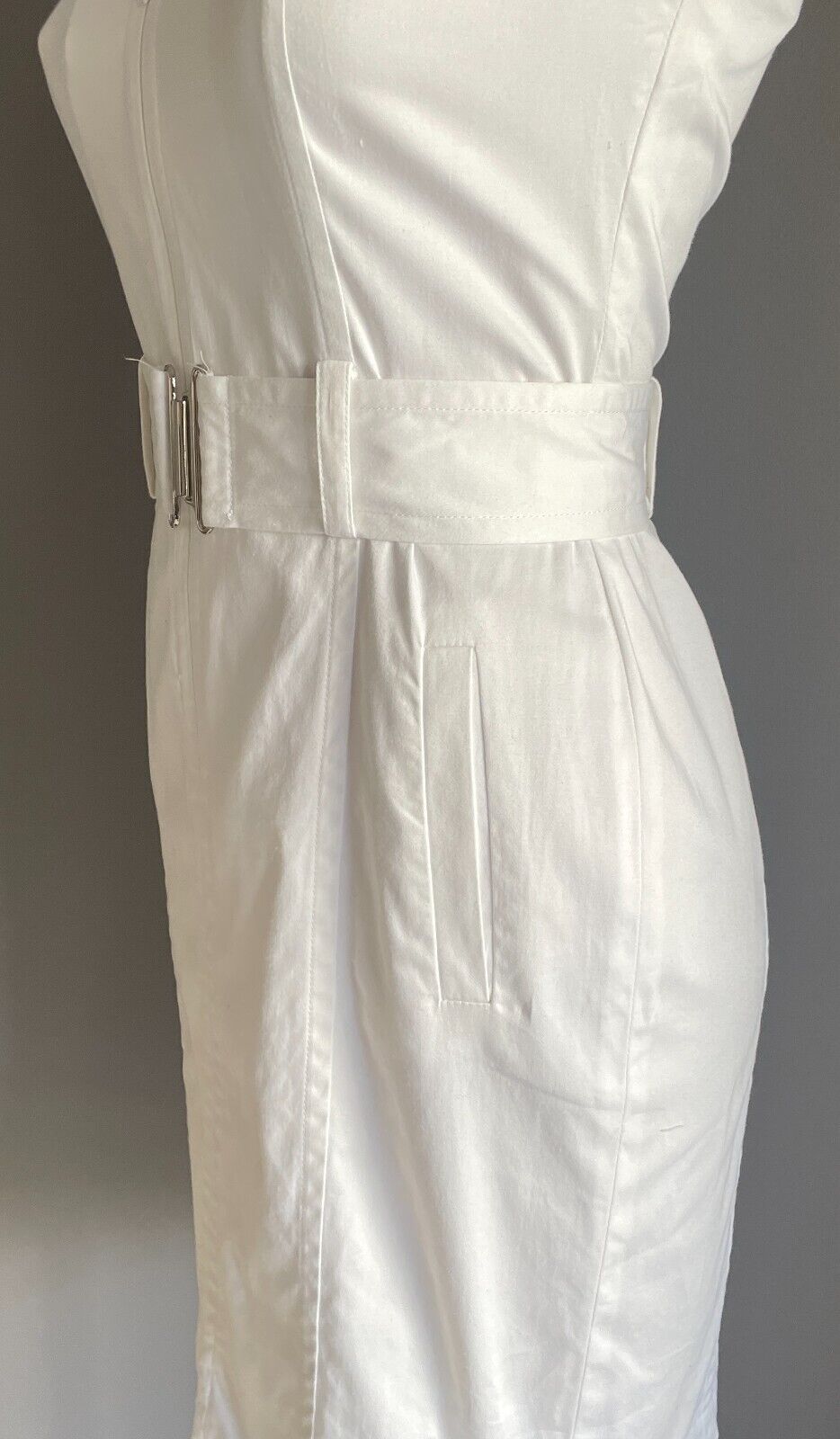 CALVIN KLEIN Shirt Dress White Sleeveless Fitted Stretch Waist Belt Size 10