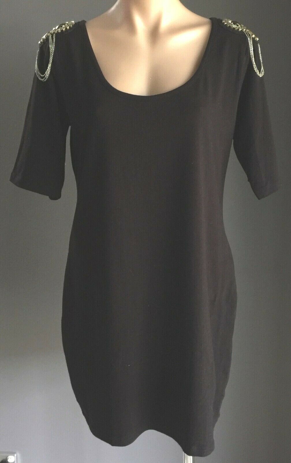 RIVERS Shift Dress Black Embellished Shoulder Stretch Short Sleeve Size 16 NEW