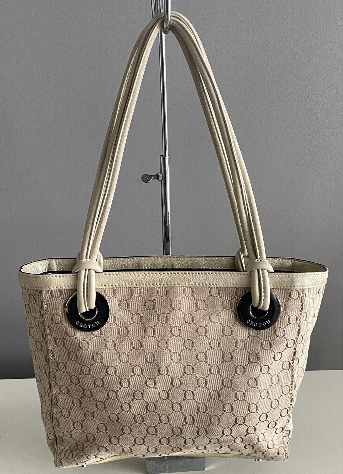 OROTON Cream & Beige Jacquard Monogram Print Tote/Handbag Double Straps Dust Bag