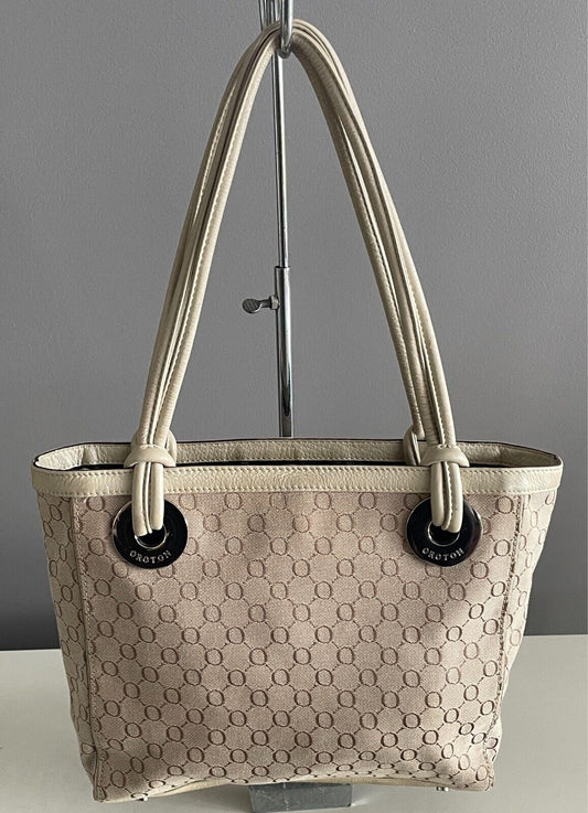 OROTON Cream & Beige Jacquard Monogram Print Tote/Handbag Double Straps Dust Bag