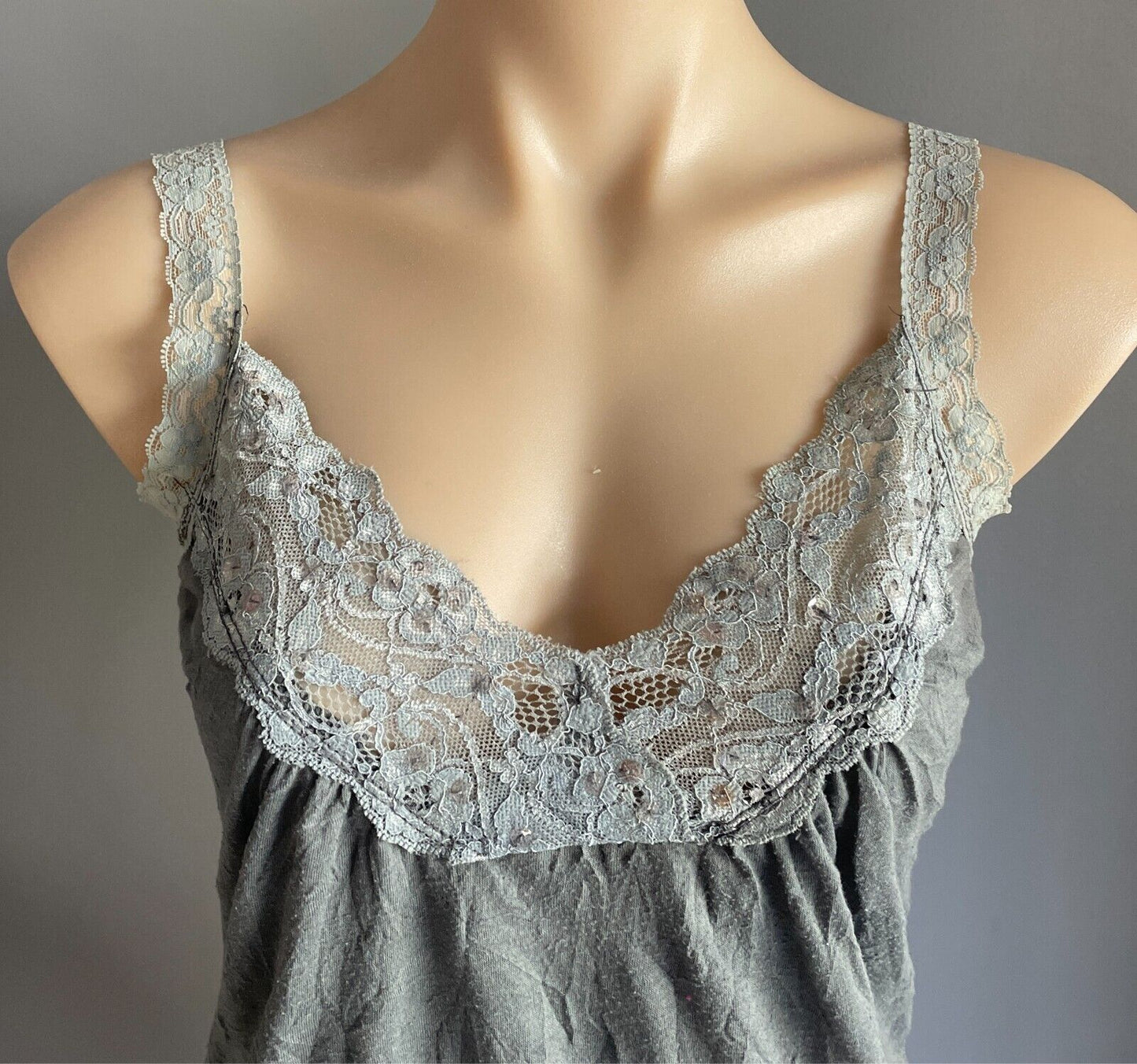 CKM Top Grey Wrinkle Look Cami Sleeveless Lace & Sequin Trim Cami Size S 10