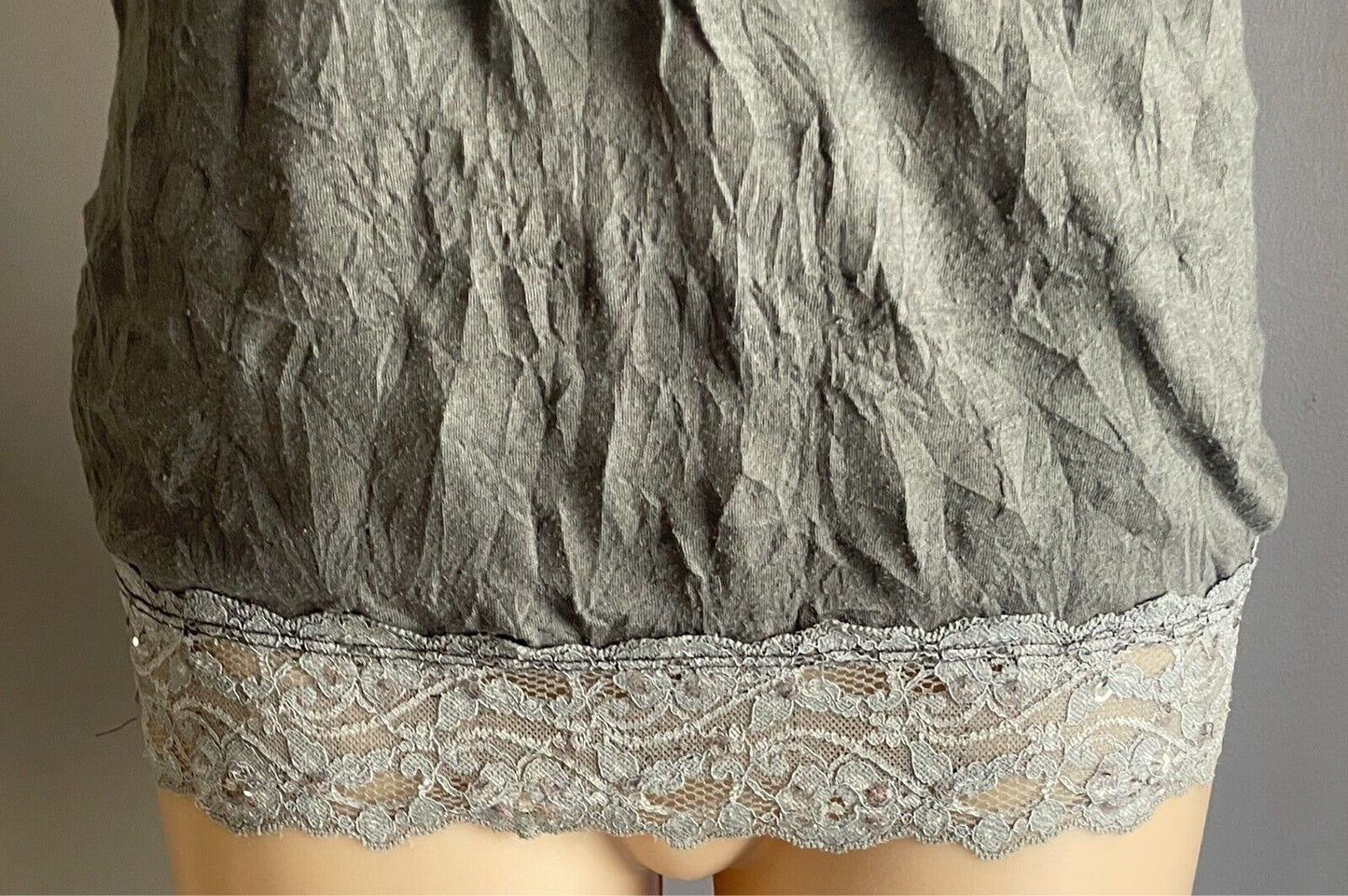 CKM Top Grey Wrinkle Look Cami Sleeveless Lace & Sequin Trim Cami Size S 10