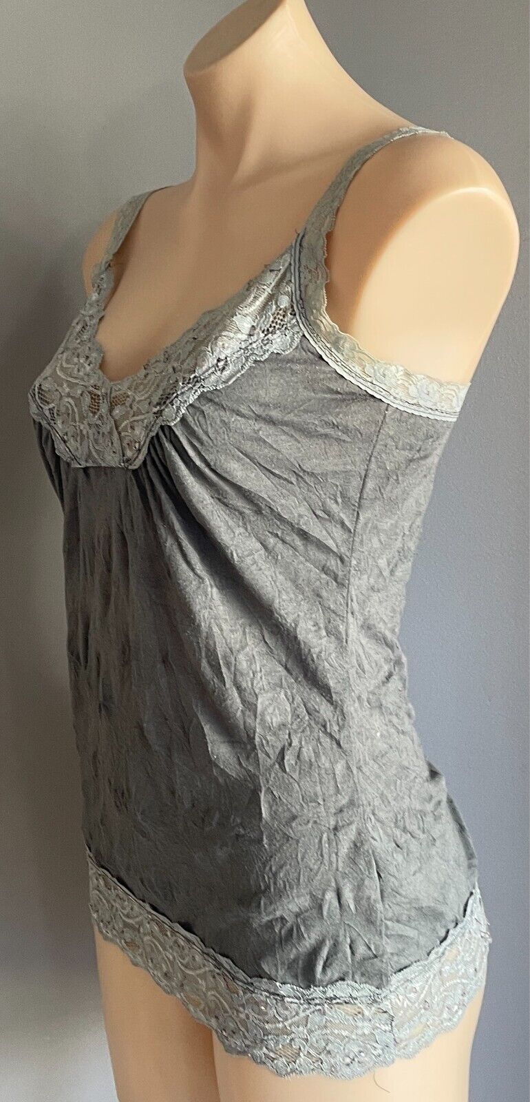 CKM Top Grey Wrinkle Look Cami Sleeveless Lace & Sequin Trim Cami Size S 10