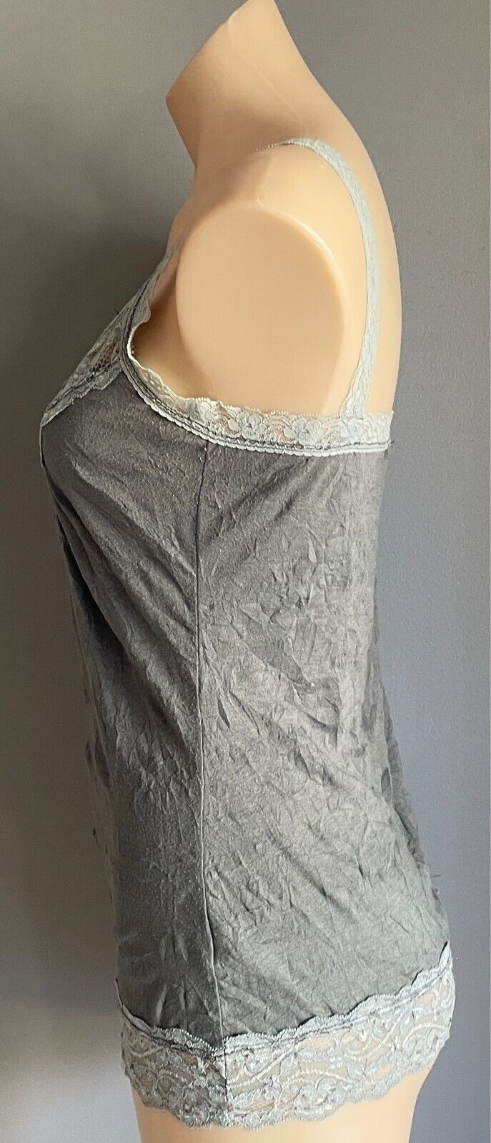 CKM Top Grey Wrinkle Look Cami Sleeveless Lace & Sequin Trim Cami Size S 10