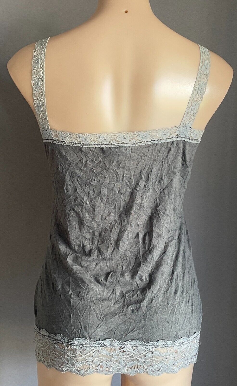 CKM Top Grey Wrinkle Look Cami Sleeveless Lace & Sequin Trim Cami Size S 10