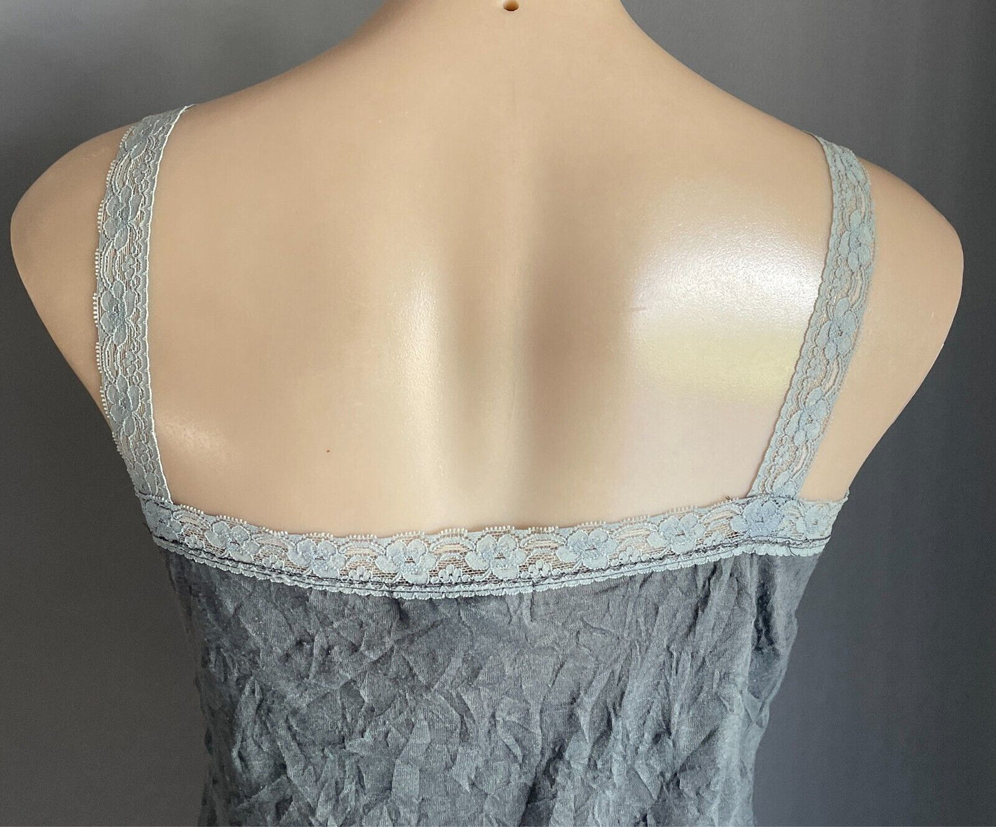 CKM Top Grey Wrinkle Look Cami Sleeveless Lace & Sequin Trim Cami Size S 10
