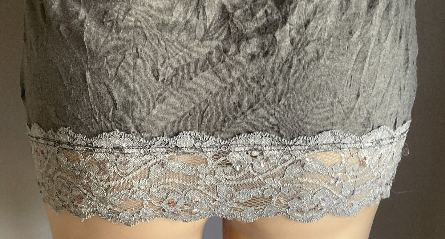 CKM Top Grey Wrinkle Look Cami Sleeveless Lace & Sequin Trim Cami Size S 10