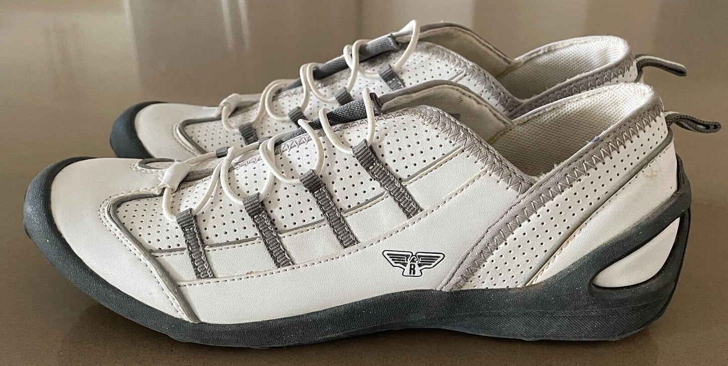 RIVERS White & Grey Trim Elastic Lace Pleather PU Sneakers Walking Shoes Size 8