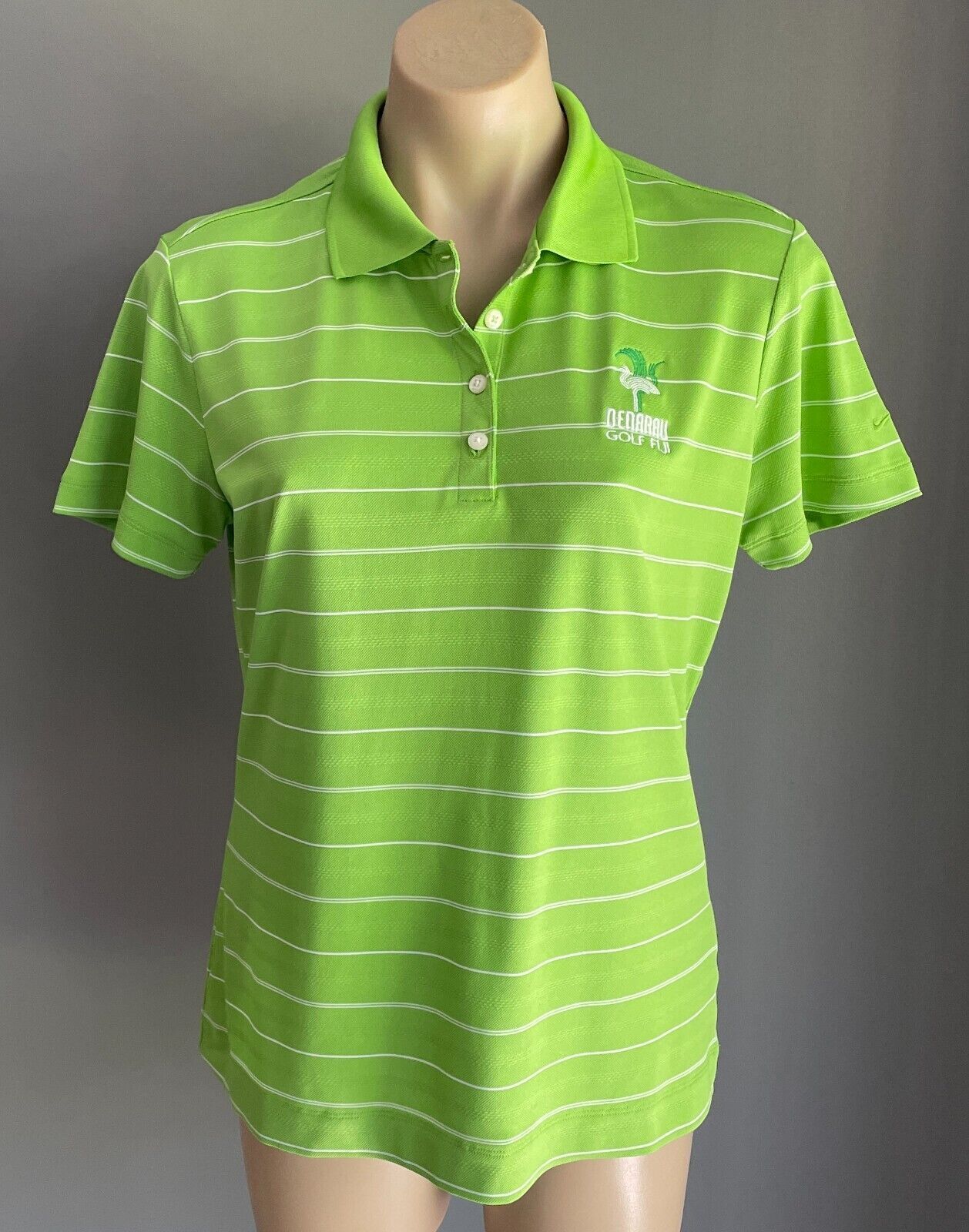 NIKE GOLF Green & White Stripe Polo Shirt Ladies Sz M 12 Denarau Golf Club Fiji