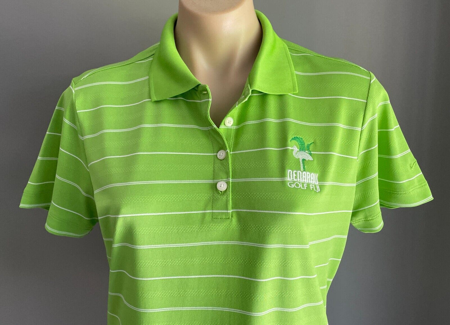 NIKE GOLF Green & White Stripe Polo Shirt Ladies Sz M 12 Denarau Golf Club Fiji
