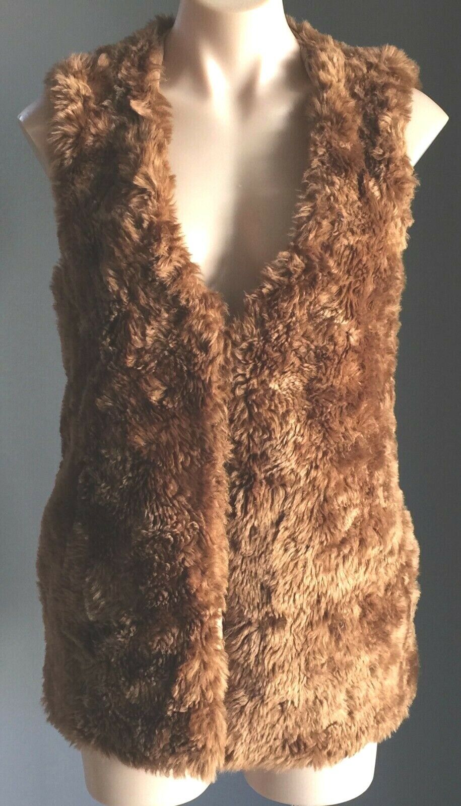 COUNTRY ROAD Jacket Brown Faux Fur Sleeveless Longline Size S 10 Fluffy New Boho