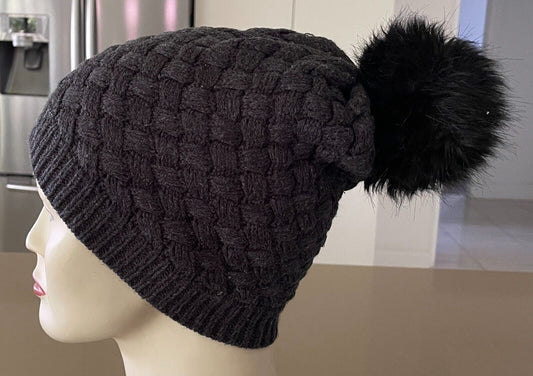 J CREW Knit Beanie Charcoal Grey Thatched w Black Pom Pom Trim One Size