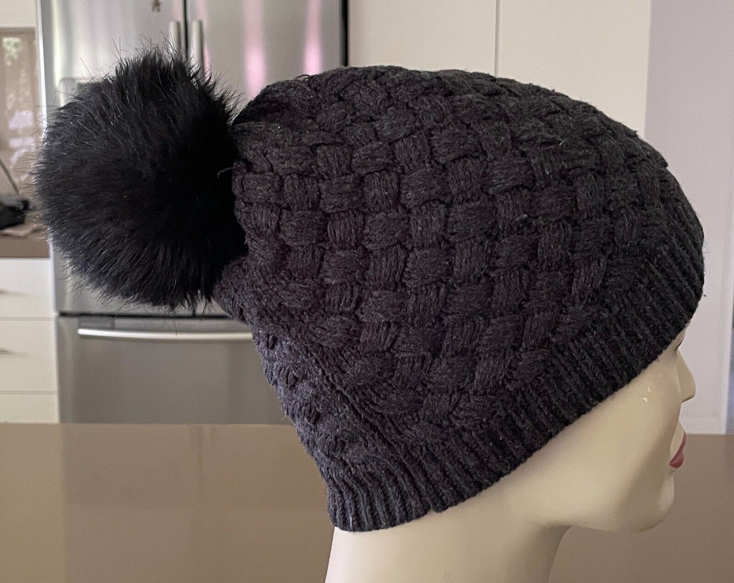 J CREW Knit Beanie Charcoal Grey Thatched w Black Pom Pom Trim One Size
