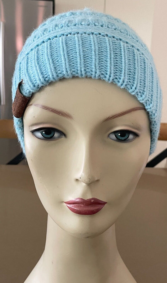 Light Blue Decorative Knit Stitch Ponytail Beanie Size 57cm Acrylic AU PREM