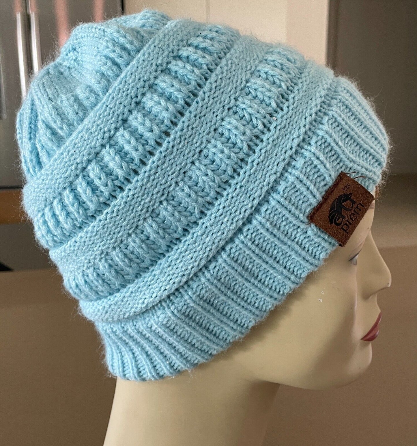 Light Blue Decorative Knit Stitch Ponytail Beanie Size 57cm Acrylic AU PREM