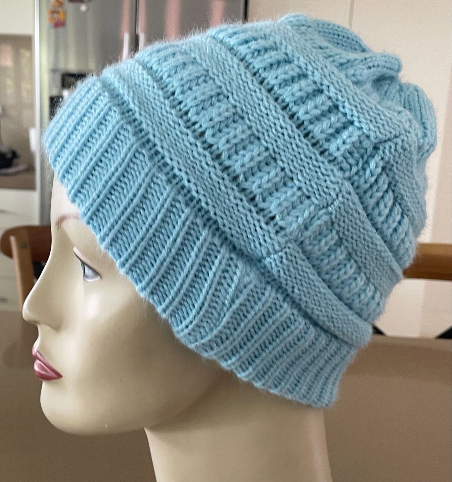 Light Blue Decorative Knit Stitch Ponytail Beanie Size 57cm Acrylic AU PREM