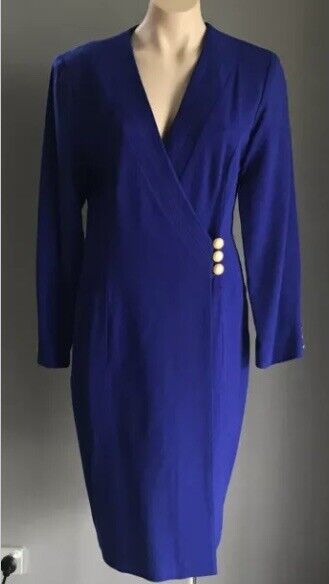 ANTHEA CRAWFORD Wool Dress Cobalt Blue Long Sleeve Ladies Size 12 Vintage