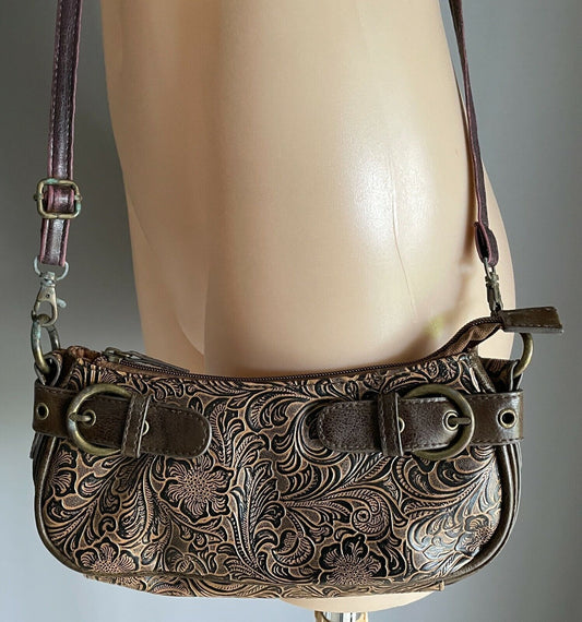LEVIS Shoulder Bag Brown Tan Pleather Floral Etched Embossed Cross Body LEVI"S