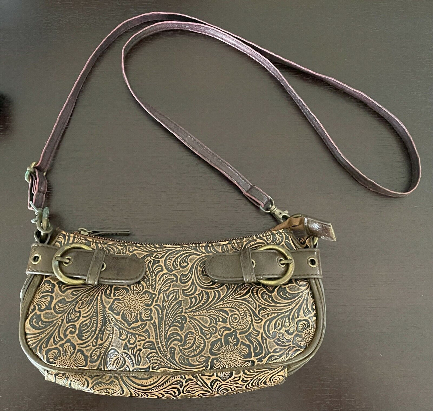 LEVIS Shoulder Bag Brown Tan Pleather Floral Etched Embossed Cross Body LEVI"S